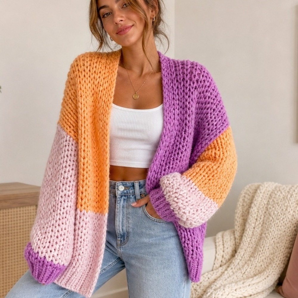 Wild Fable Womens Chunky Knit Colorblock Cardigan Pink Orange Purple Medium M